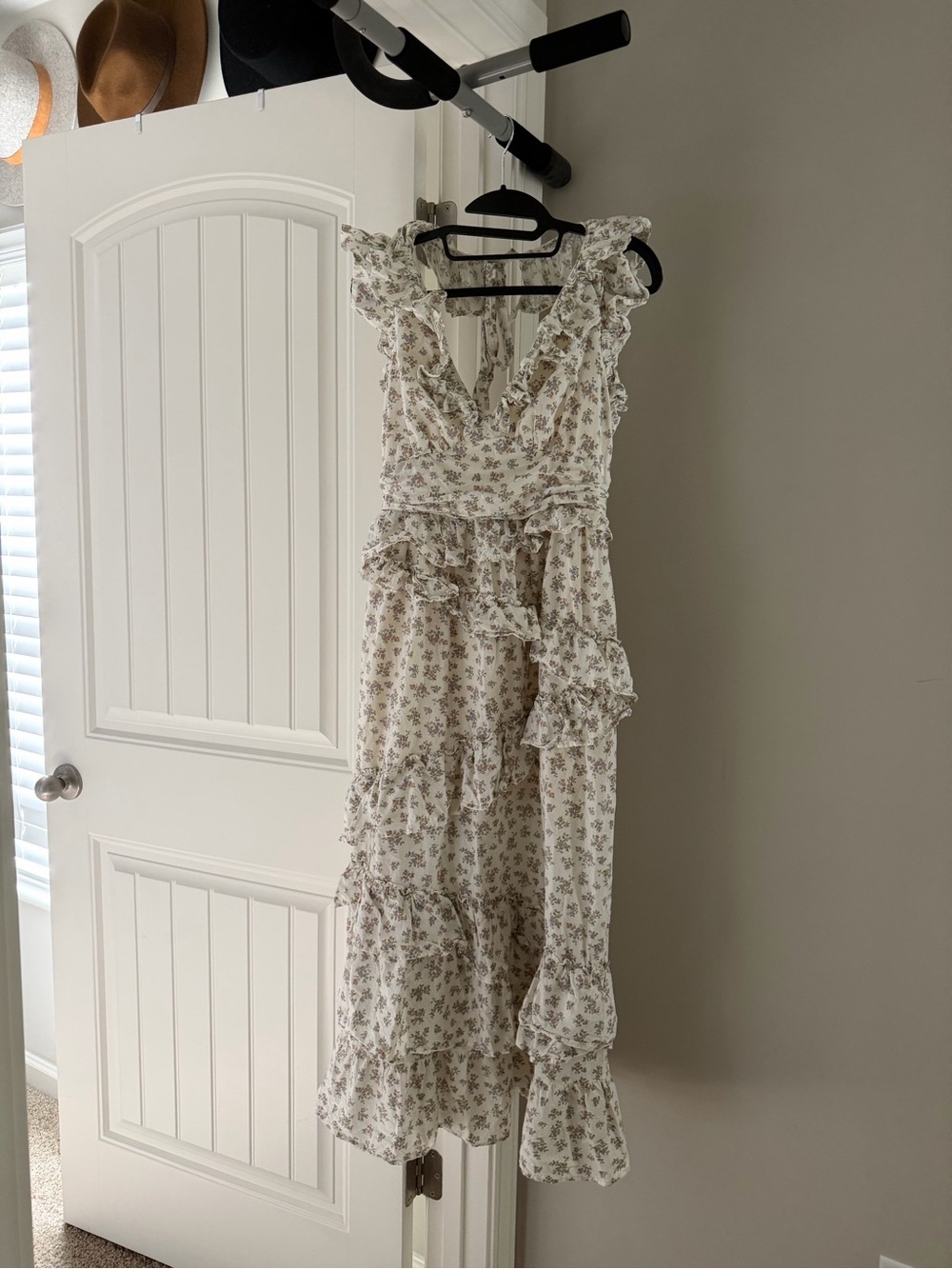Floral Ruffle Maxi Dress - Cream with Green Print